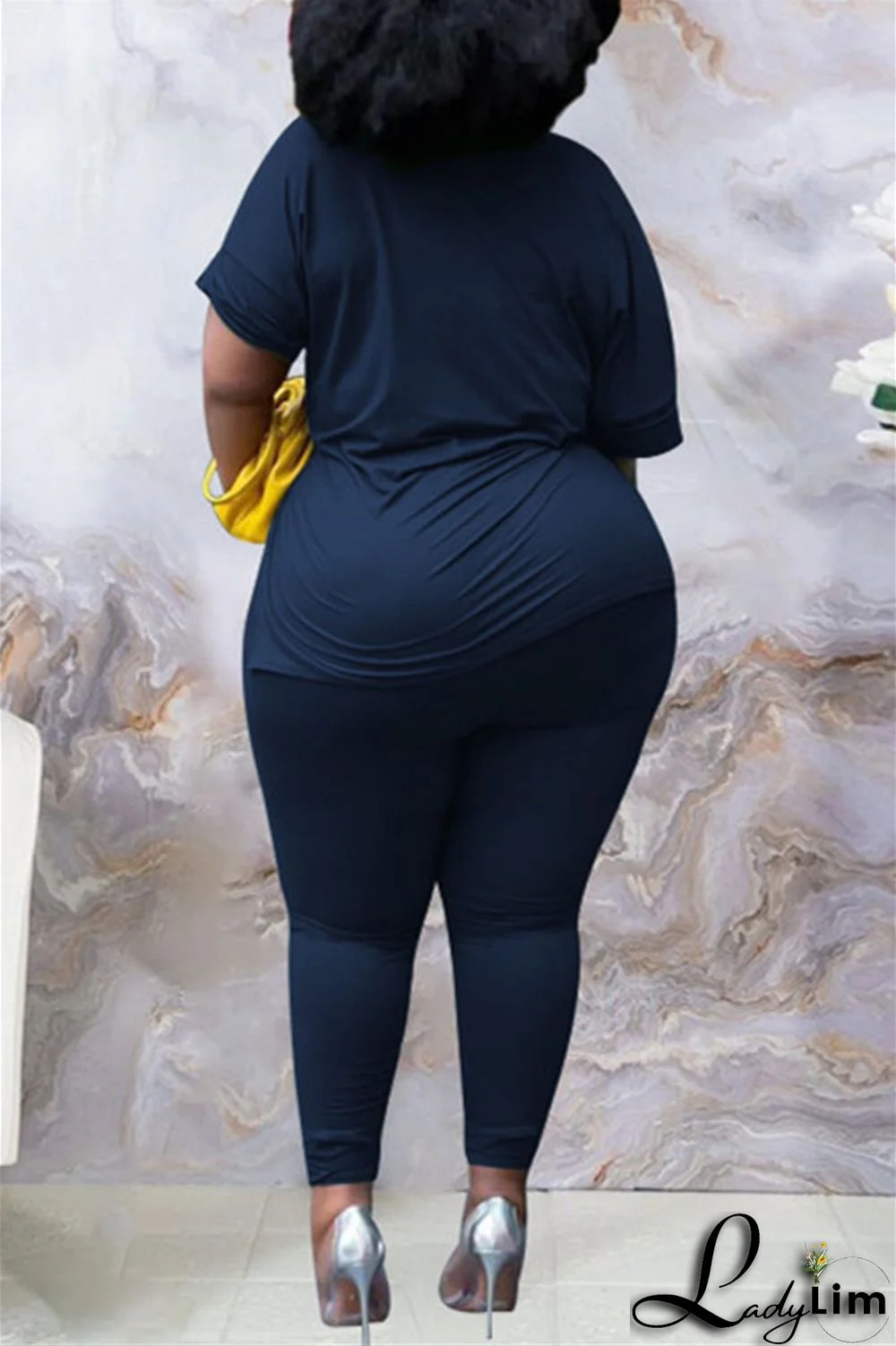 Tibetan Blue Fashion Casual Solid Slit V Neck Plus Size Two Pieces