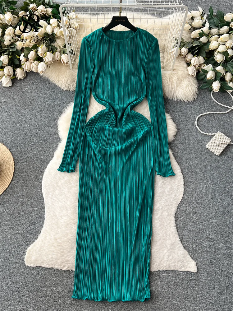 Huibahe Solid Pleated Long Dress O Neck Full Flare Sleeves HIgh Elastic Female Skinny Fashion Autumn Retro Bodycon Party Dress