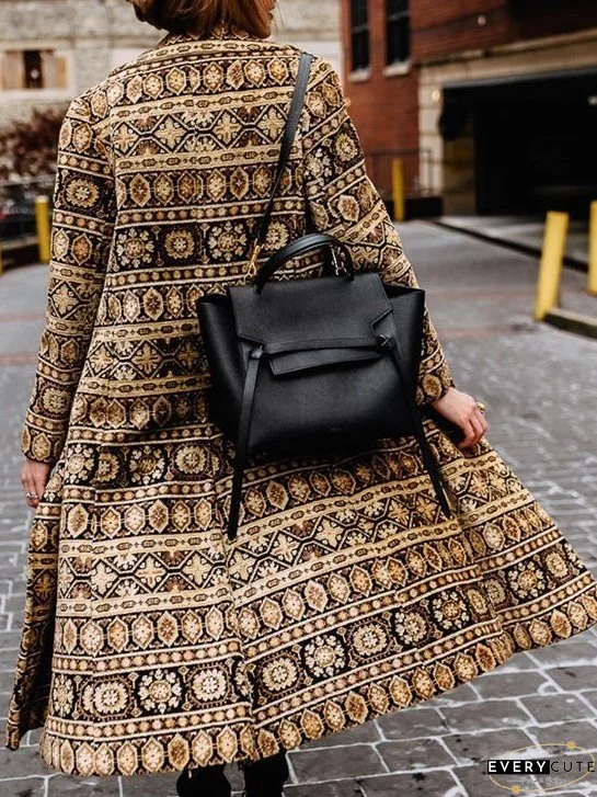 Coats Vintage Print Lapel Long Sleeve Long Coat for Women