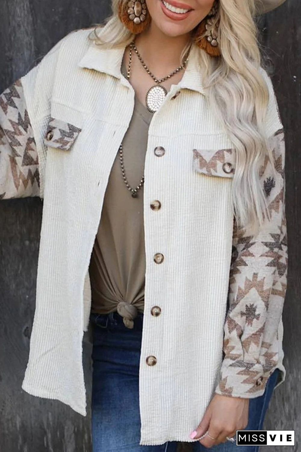 Street Geometric Patchwork Turndown Collar Tops