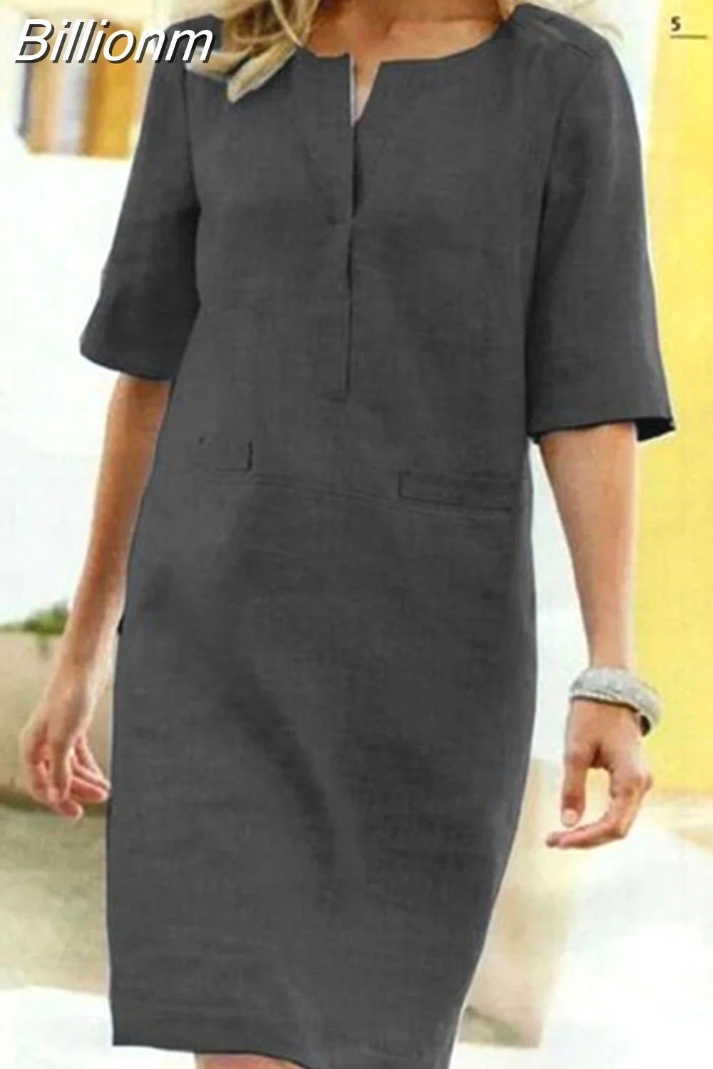 Billionm Color Button O Neck Cotton Linen Summer Dress Women Vintage Short Sleeve Pocket Knee Dress Casual Loose Plus Size Dresses