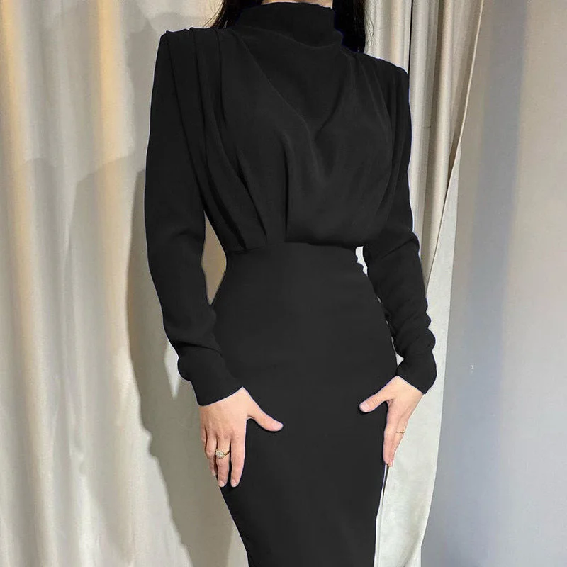 Uveng Model Autumn Fashion Temperament Waist-controlled Solid Color Long Sleeve Dress