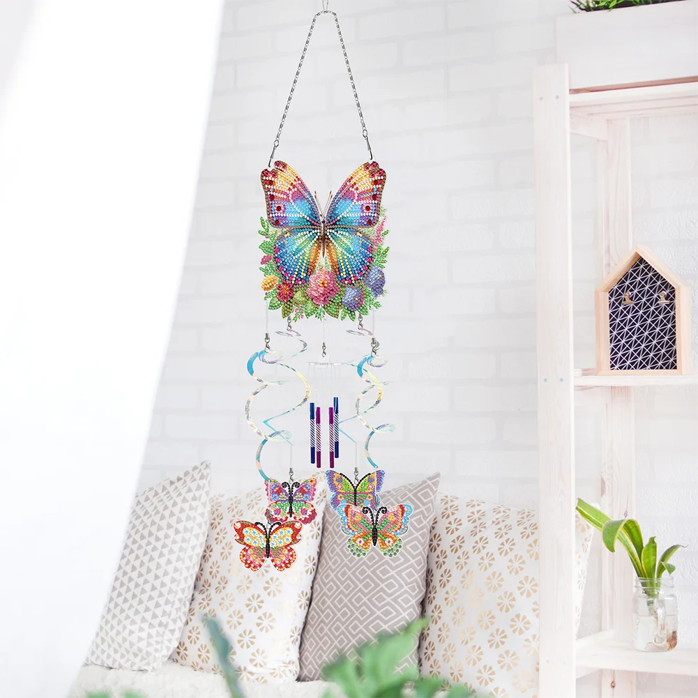 DIY Flower Butterfly Double Sided Diamond Painting Wind Chime for Window Decor