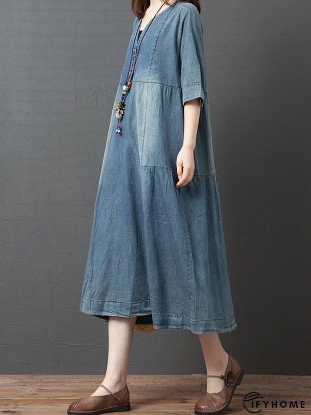 Denim Dress Casual Dress Midi Dress Denim Fashion Casual Daily Vacation V Neck Button Pocket Half Sleeve Summer Spring Fall Loose Fit Blue Dark Gray Plain M L XL 2XL for Women | IFYHOME