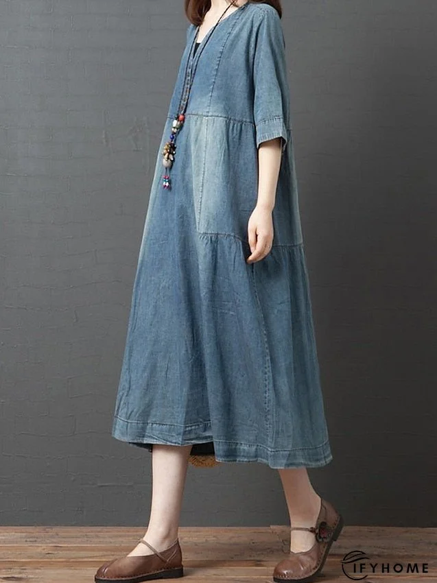 Denim Dress Casual Dress Midi Dress Denim Fashion Casual Daily Vacation V Neck Button Pocket Half Sleeve Summer Spring Fall Loose Fit Blue Dark Gray Plain M L XL 2XL for Women | IFYHOME