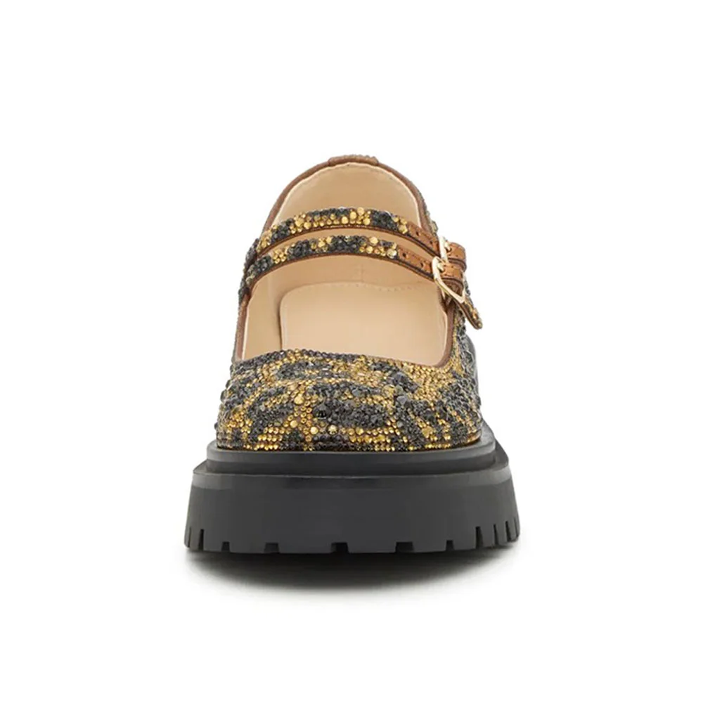 Brown & Black Round Toe Rhinestone Leopard Print Platform Mary Janes