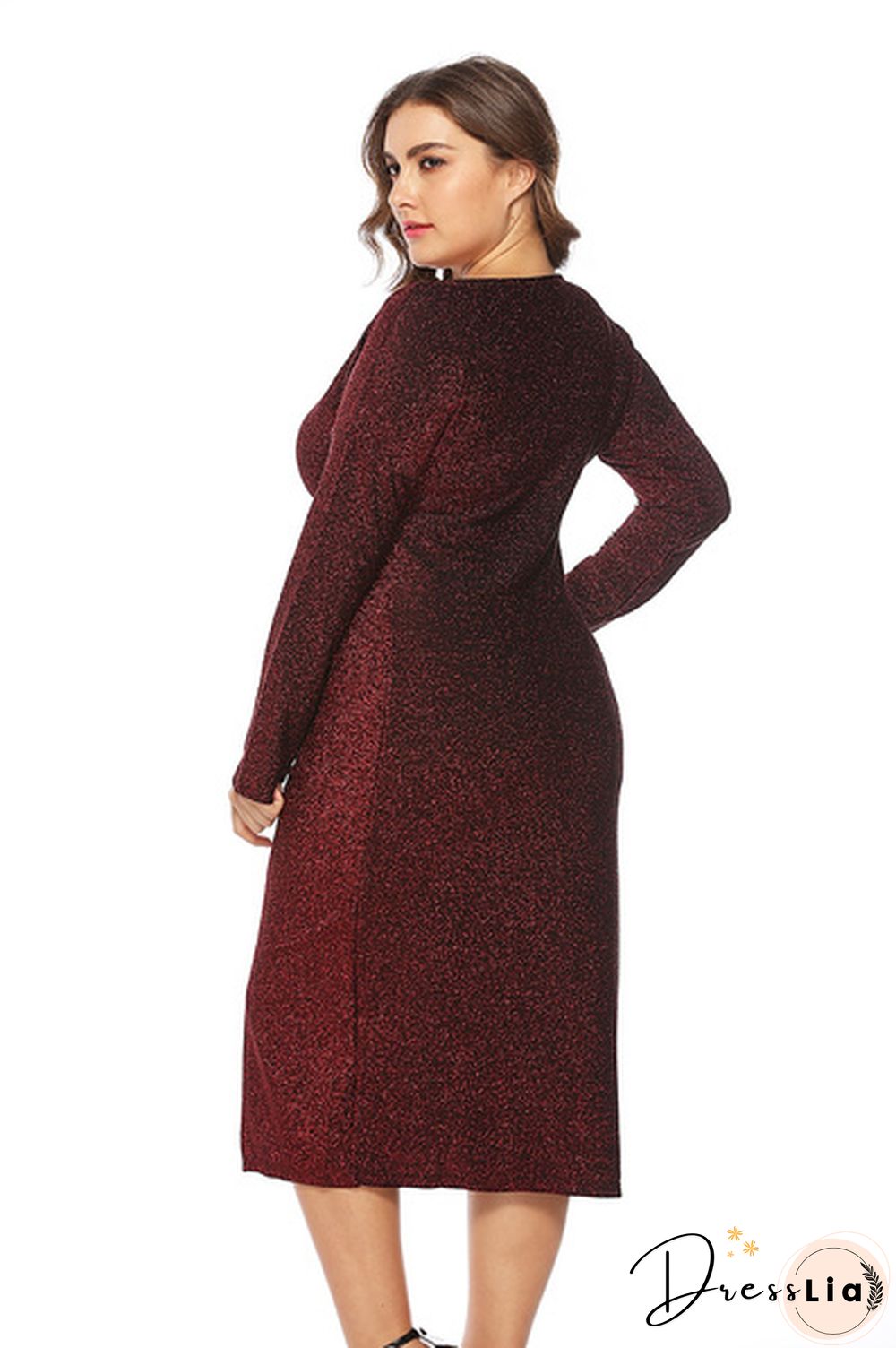 V Neck Long Sleeve Plus Size Metallic Shining Front Gathering Dress