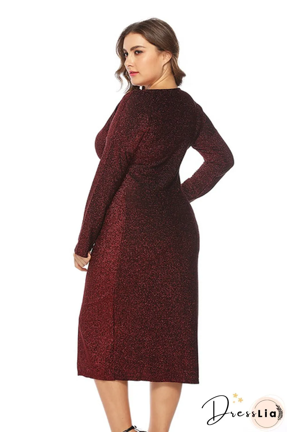 V Neck Long Sleeve Plus Size Metallic Shining Front Gathering Dress