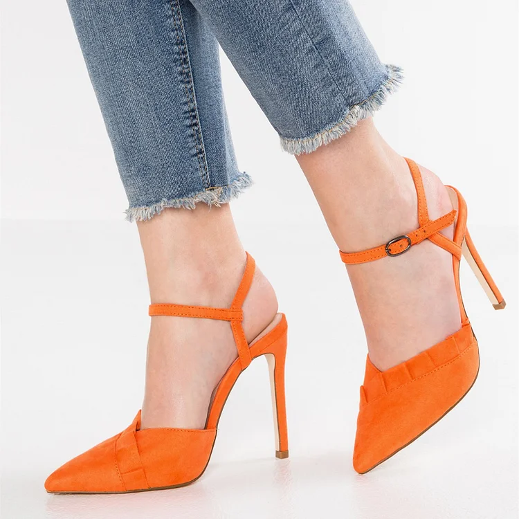 Orange Pleat Detail Pointy Toe Slingback Heels Office Shoes |FSJ Shoes