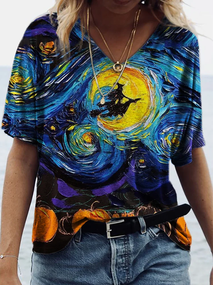 Halloween Witch In Starry Night V Neck T Shirt