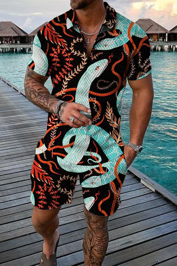 Snake Print Short Sleeve Polo Suit