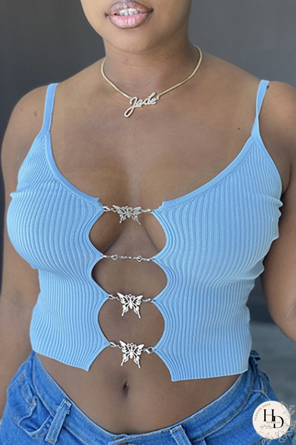 Light Blue Sexy Print Hollowed Out Spaghetti Strap Tops