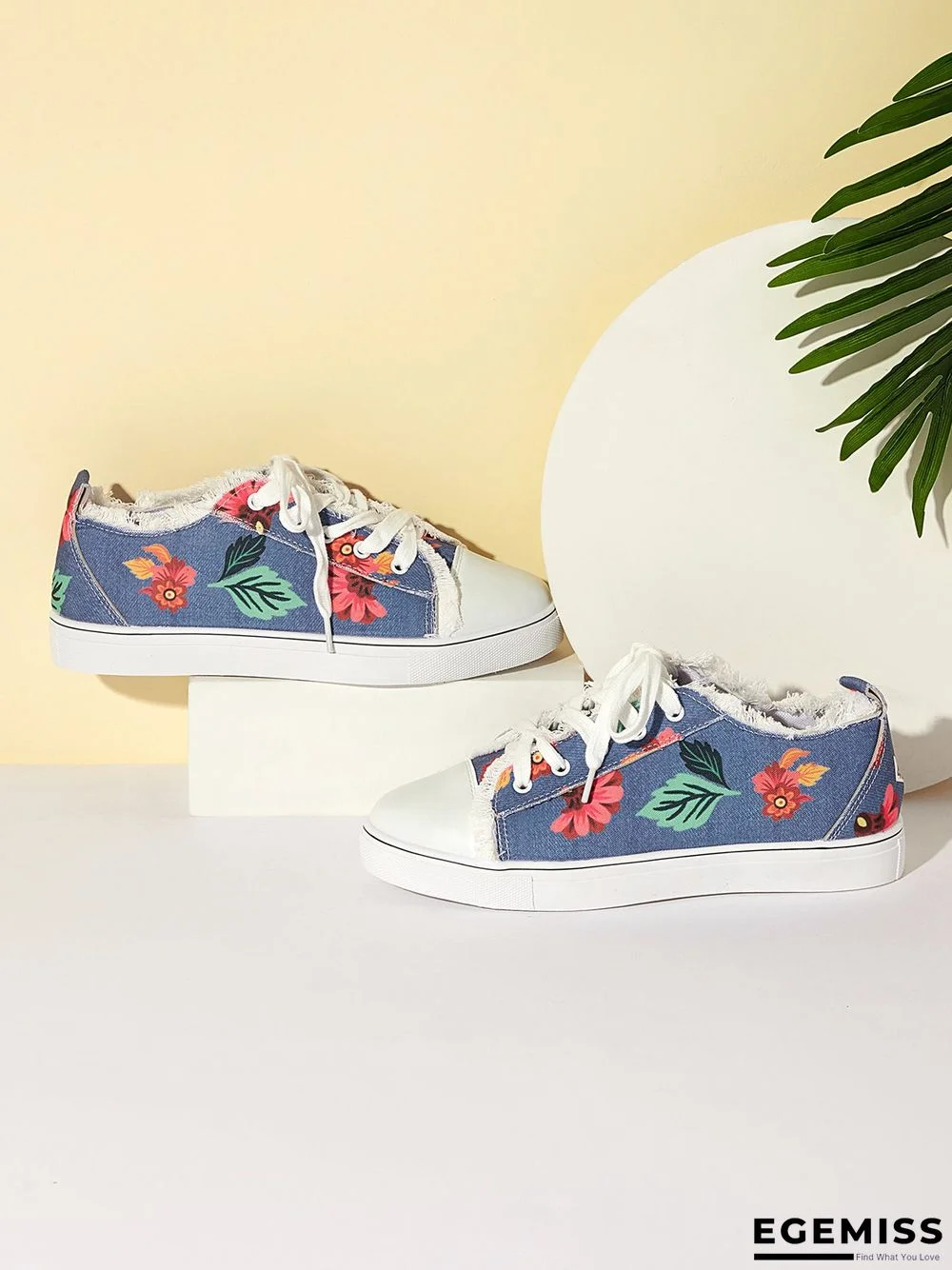 Floral Leaves Lace Up Sneakers Denim Sneakers | EGEMISS