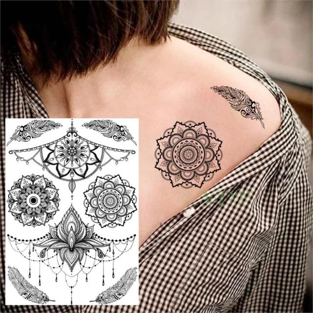 REJASKI Black Henna Lace Temporary Tattoos Sticker For WOmen Butterfly Moth Mehndi Flower Fake Tatoo Sticker Feather Flora Tatoo