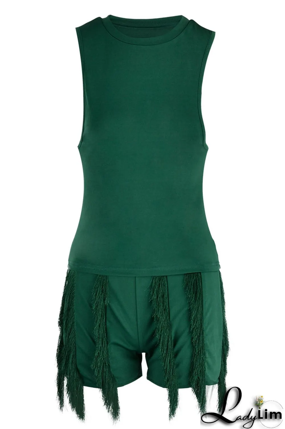 Black Casual Solid Tassel Patchwork O Neck Sleeveless Two Pieces