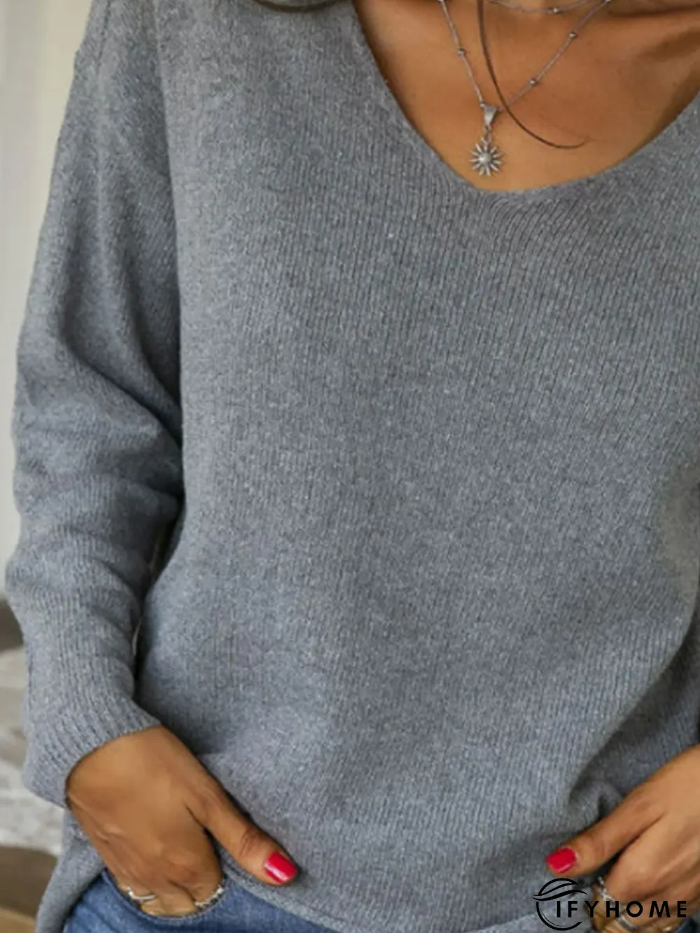 Long sleeve V-neck plain patterned basic stretch sweater for warmth | IFYHOME