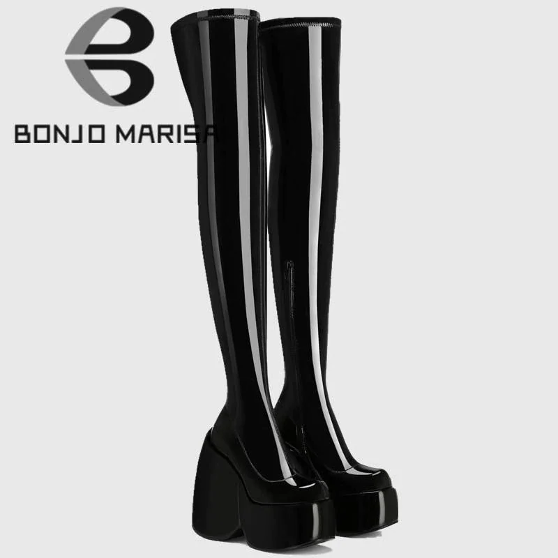 Qengg New Brand Punk Platform Goth High Wedges Long Thigh High Boots Women Stretch Cool Over The Knee women's Boots