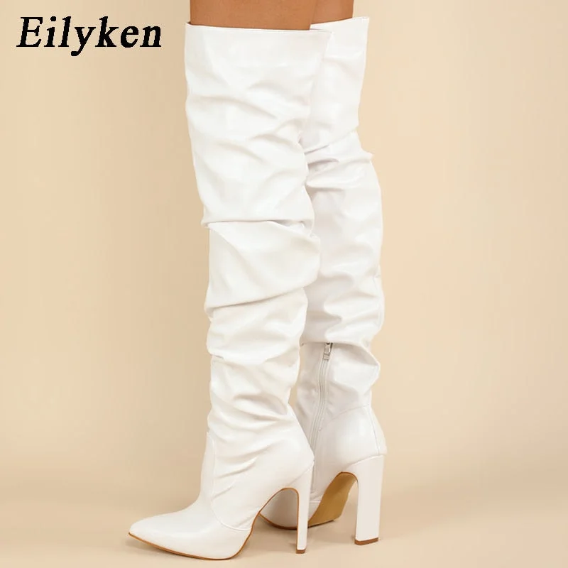 Eilyken White Pleated Thigh High Boots Fashion Pointed Toe Zip Female Stiletto Square Heels Pleated Design Women's Shoes
