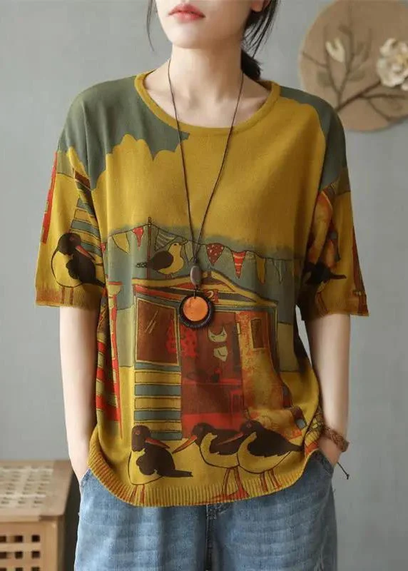 Yellow Cozy Patchwork Cotton Knit Top O Neck Short Sleeve