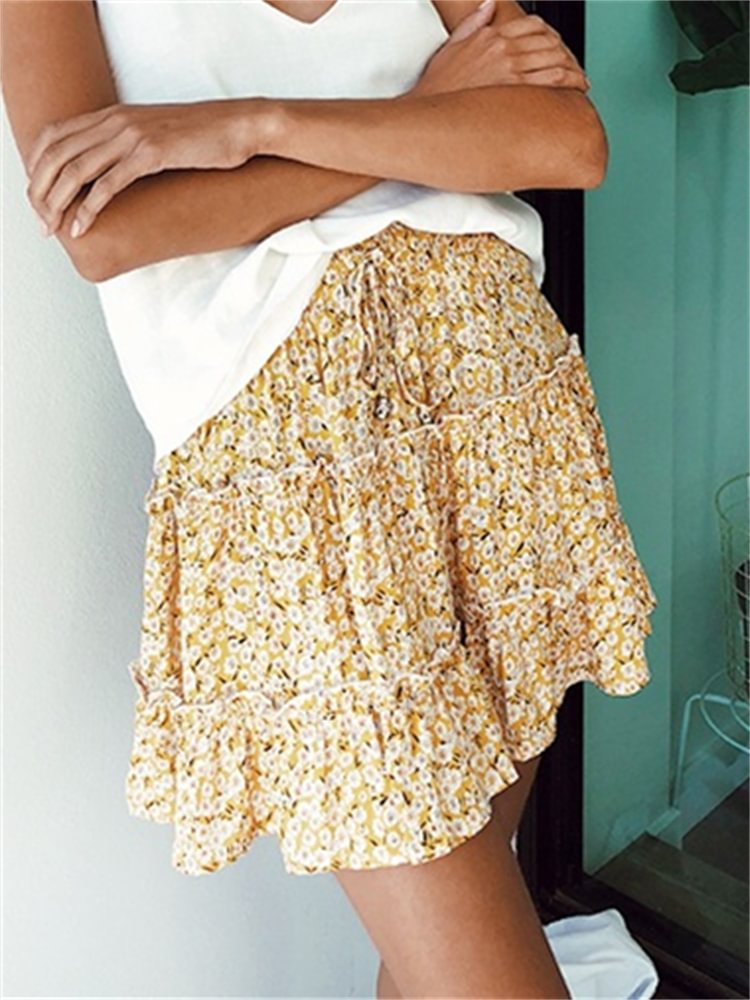 Artwishers Floral Drawstring Ruffle Tiered Skirt