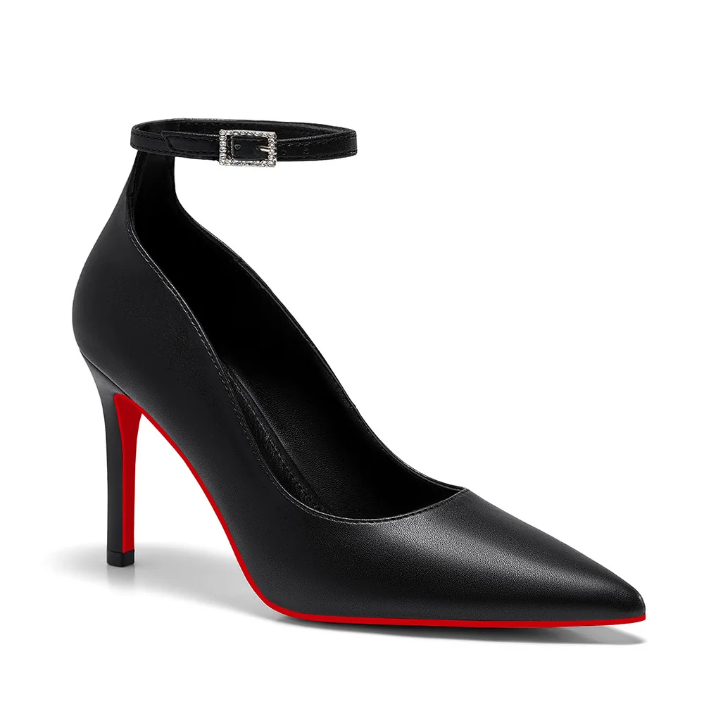 100mm Women's Stiletto Heels Classic Pointed Toe Red Bottom Pumps Matte Shoes Ankle Strap Pumps-MERUMOTE