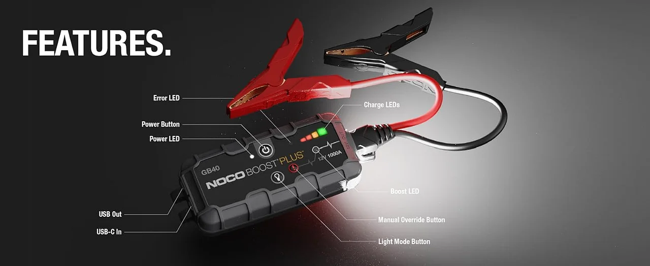 Features. Includes USB in and out ports. LED flashlight. and manual override button.