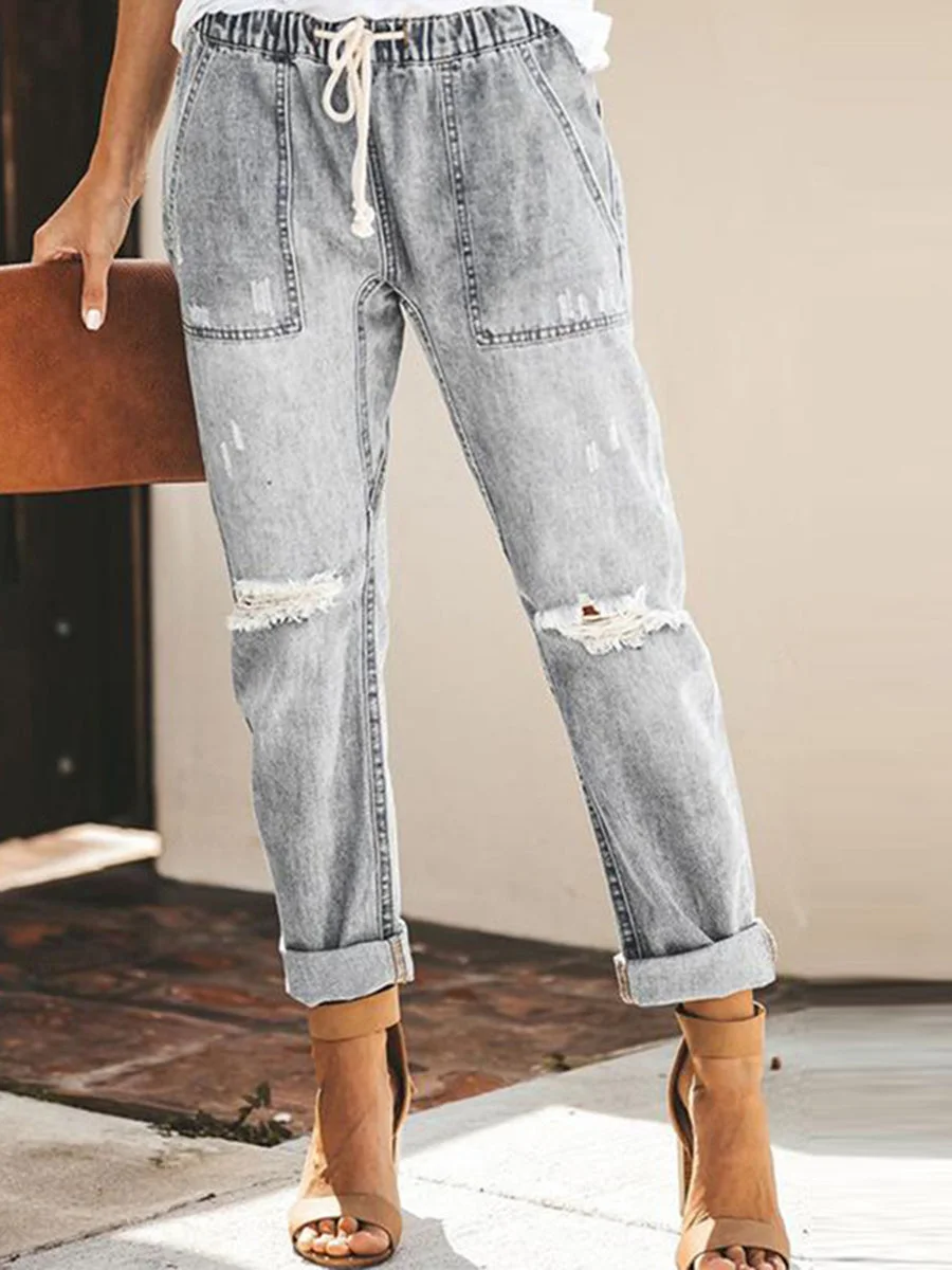 Straight Hollow Out  Lace-up Jeans