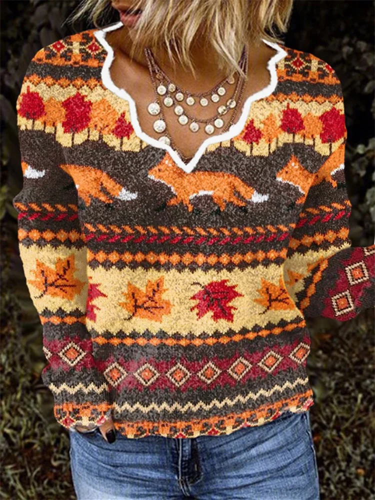 Women's The Fox And Foliage Casual Printed Knit Top
