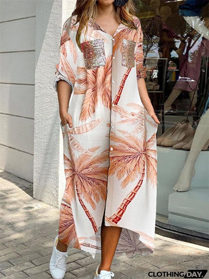 Ladies Fashion Sexy Print V- Neck Long Vintage Dresses