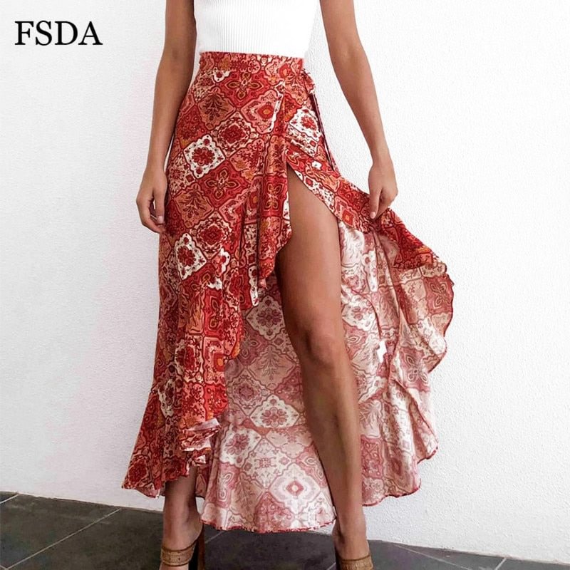 FSDA Long Floral Print Bandage Skirt Yellow Lady Summer Maxi Split Beach Spring Casual Elegant Ruffle Women Sexy Boho Red Skirts