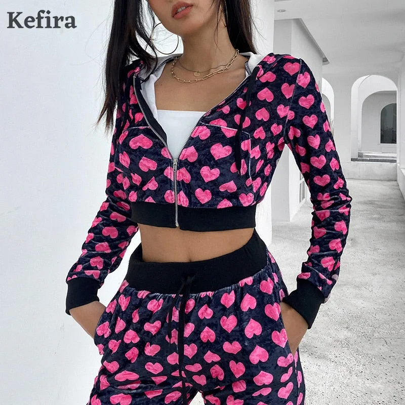 Jacuqeline Y2K Pink Print Sweet Kawaii Women Crop Top Hoodies Long Sleeve Fashion Grunge Skinny Female Sweatshirt Spring