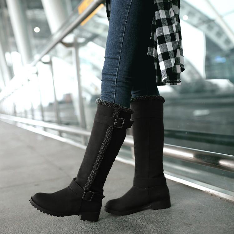 Elegant plush lined tall snow boots with buckle strap