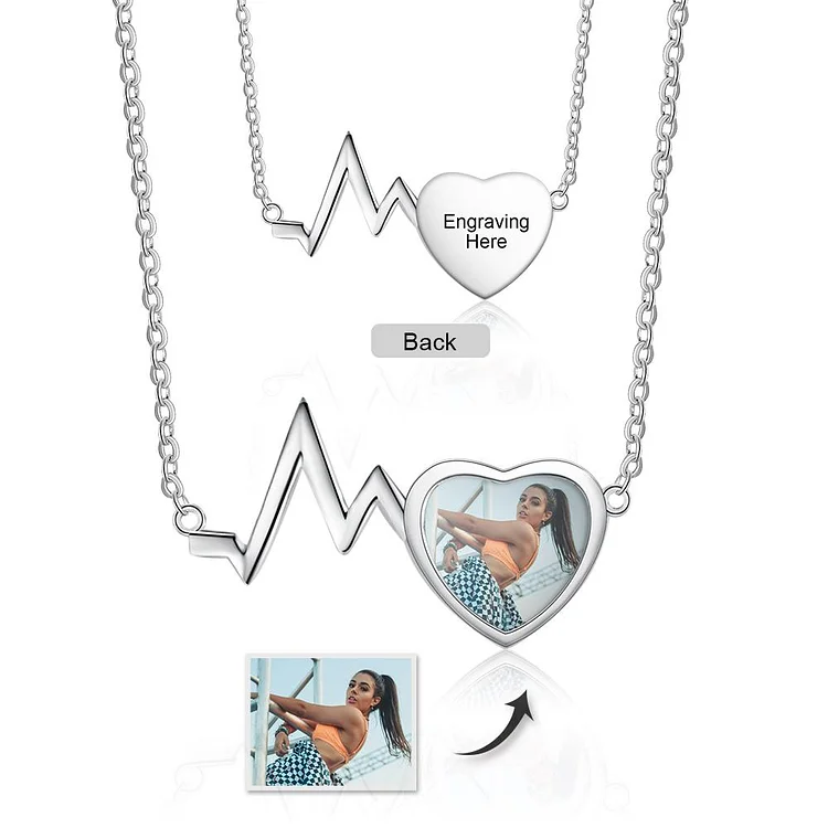 Personalized Heartbeat Picture Necklace With Engraving, Custom Necklace with Picture and Text