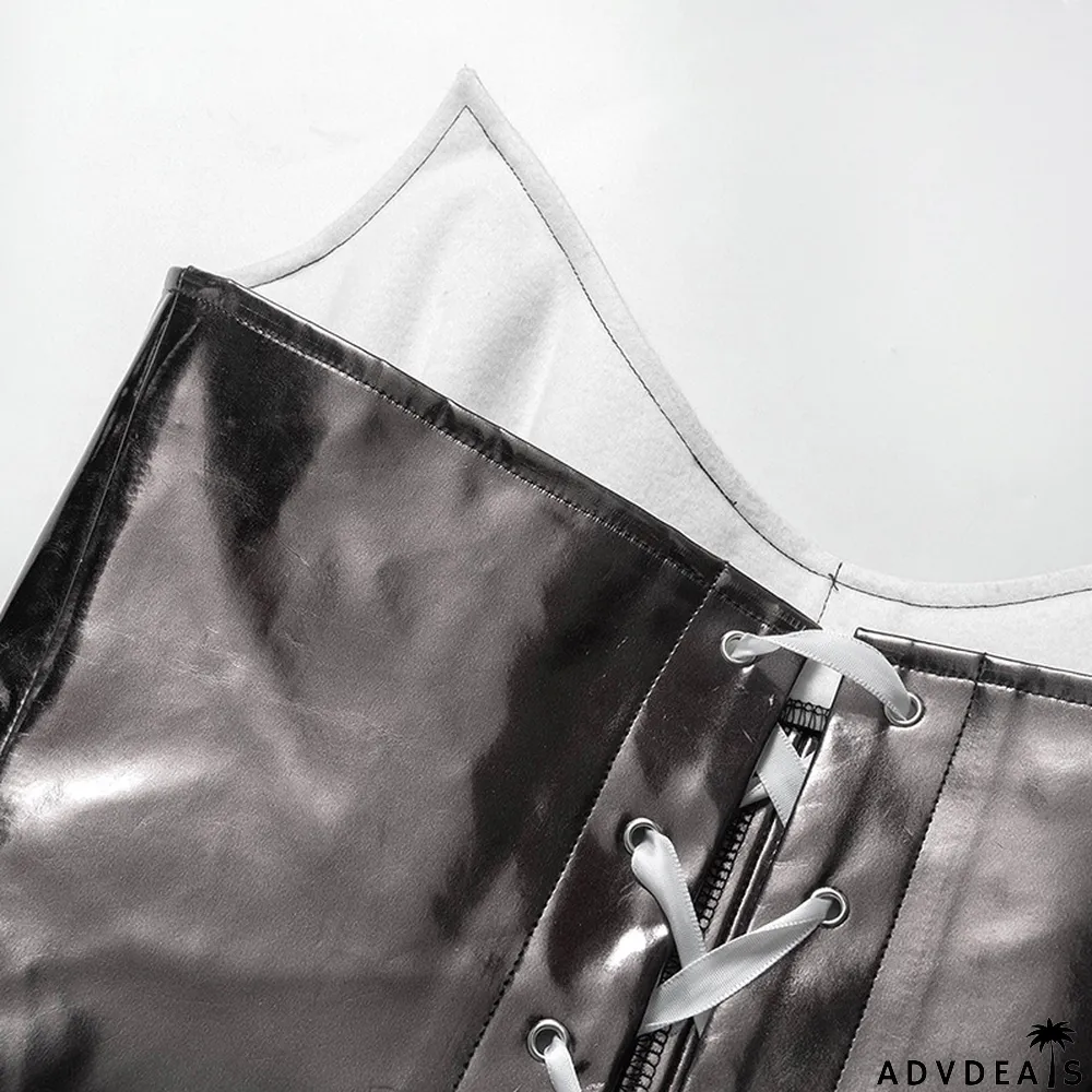 Women Summer Solid Color Sexy Sleeveless Backless Lace-Up PU-Leather Strapless Top