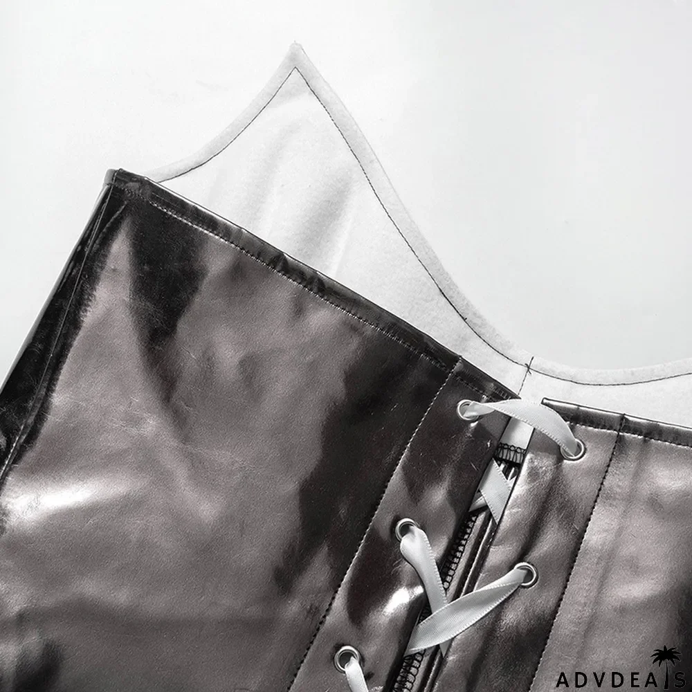 Women Summer Solid Color Sexy Sleeveless Backless Lace-Up PU-Leather Strapless Top