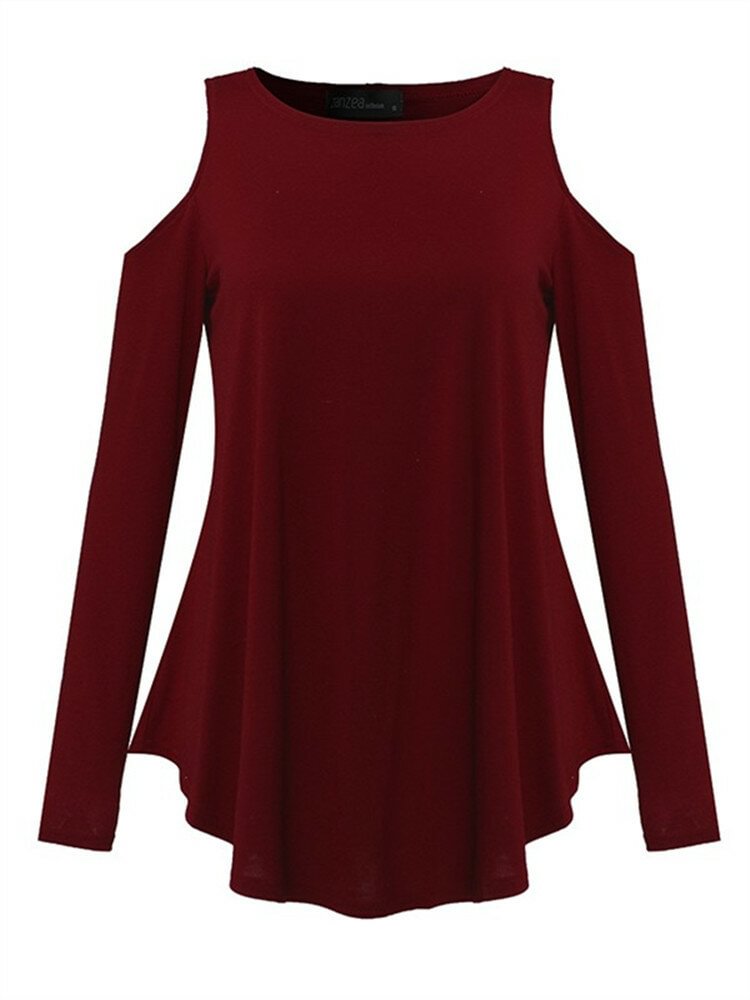Solid Color Cold Shoulder Long Sleeve Shirt P1367384