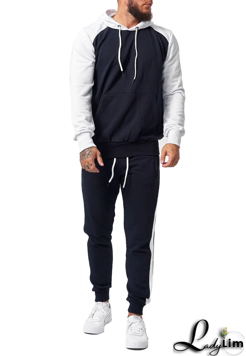 Men Winter Sportswear Colorblock Hooded Jacket And Casual Pant Two-Piece Set