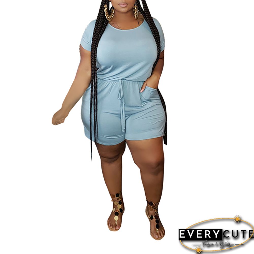 Light Blue Tie Waist Plus Size Romper