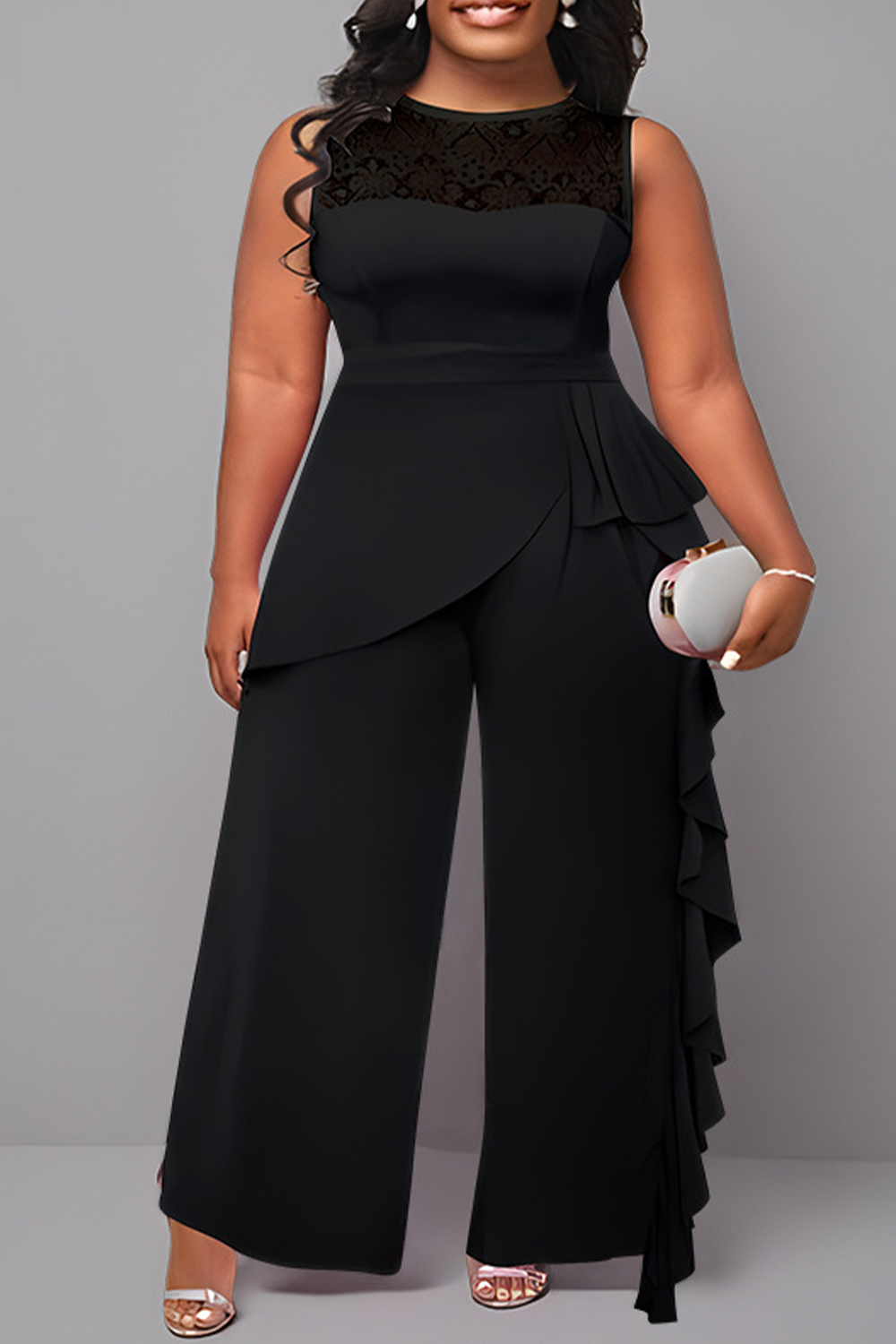 Plus Size Formal Black Lace Layered Asymmetrical Ruffle Wide Leg Jumpsuit 2024 - Flycurvy 