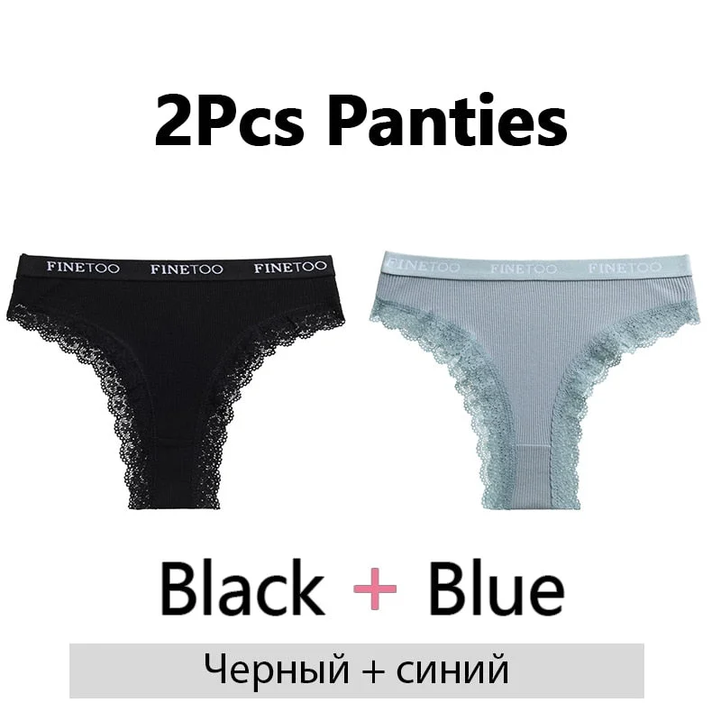 FINETOO 2Pcs/Set Cotton Panties for Women Sexy Ladies Lace G-string Solid Color Thongs Girls Plus Size M-2XL Underwear Lingerie