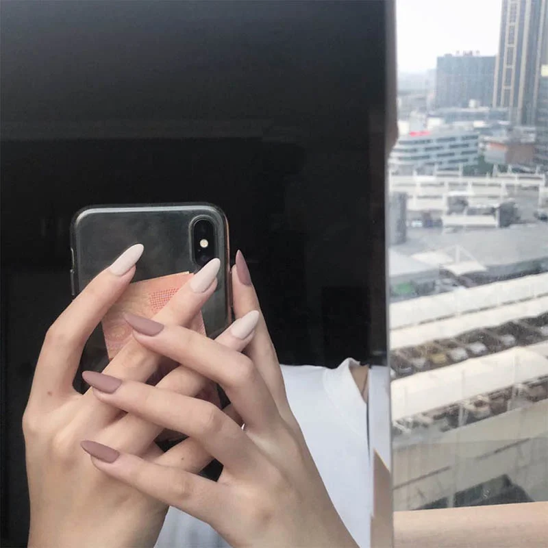 24pcs/box Khaki Pure Color Frosted Ballet matte Fake Nail press on Wearable Detachable Nail Tip Long Healthy full cover for Girl-Nail Inspo