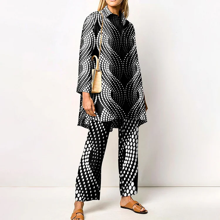Lapel Swivel Polka Dot Print Two Piece Set