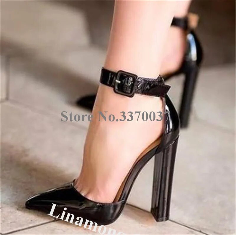 VCSHOES Women Pointed Toe Patent Leather Chunky Heel Pumps Ankle Strap Buckle White Black Thick High Heels Club Shoes