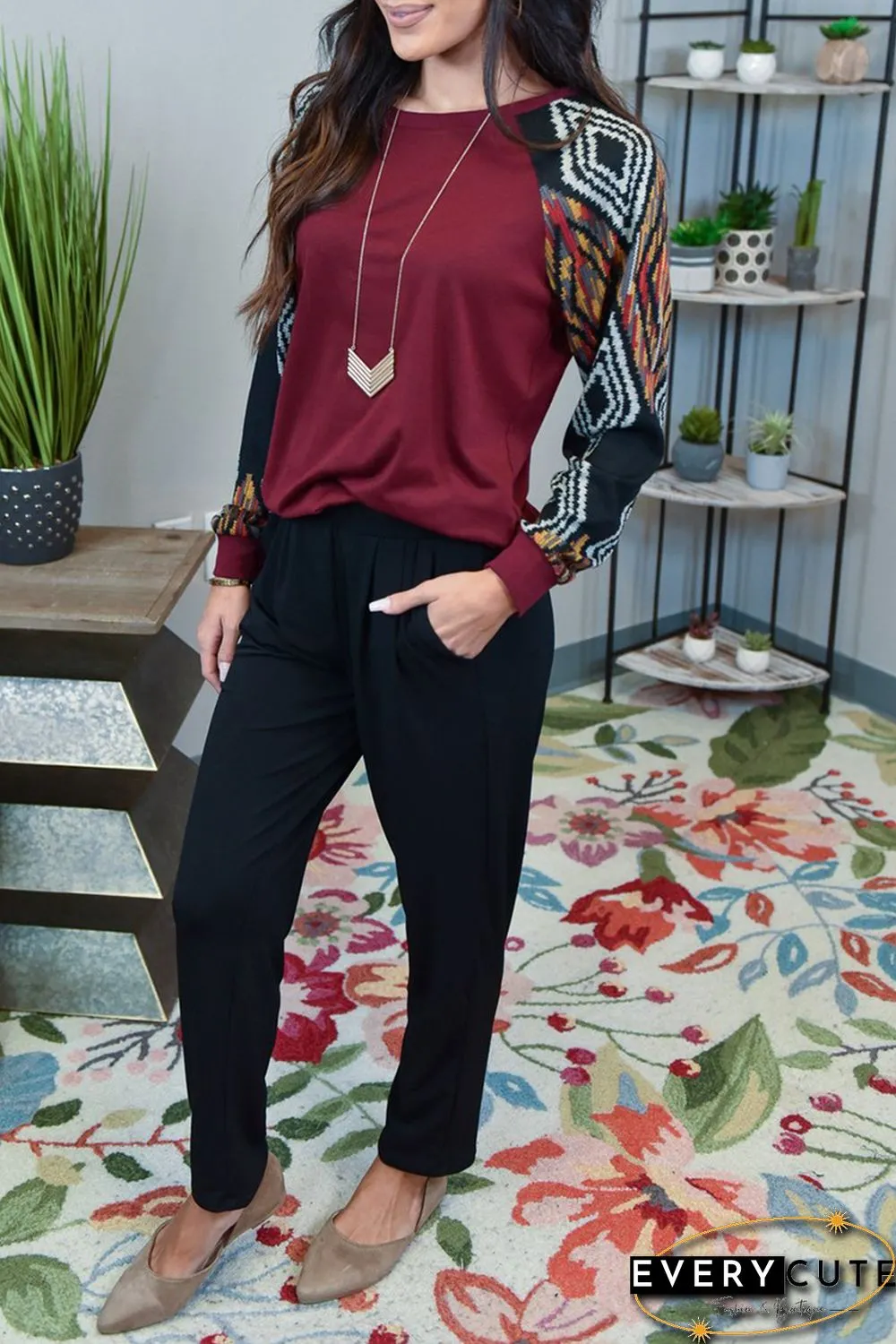 Wine Ethnic Print Raglan Top