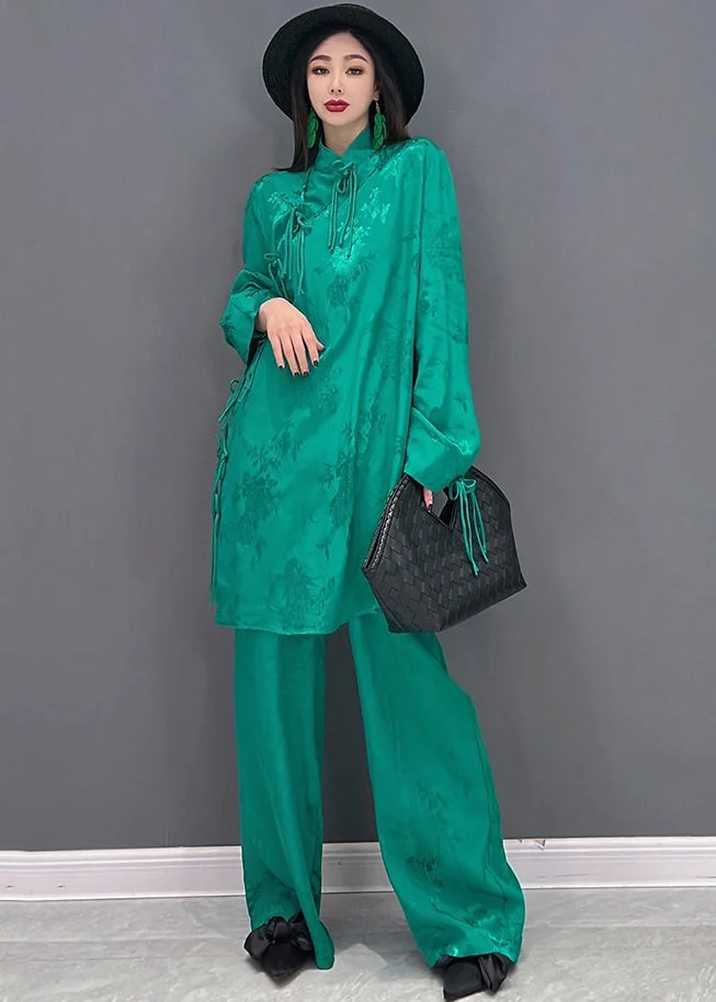 Vintage Green Stand Collar Jacquard Silk Women Sets 2 Pieces Long Sleeve