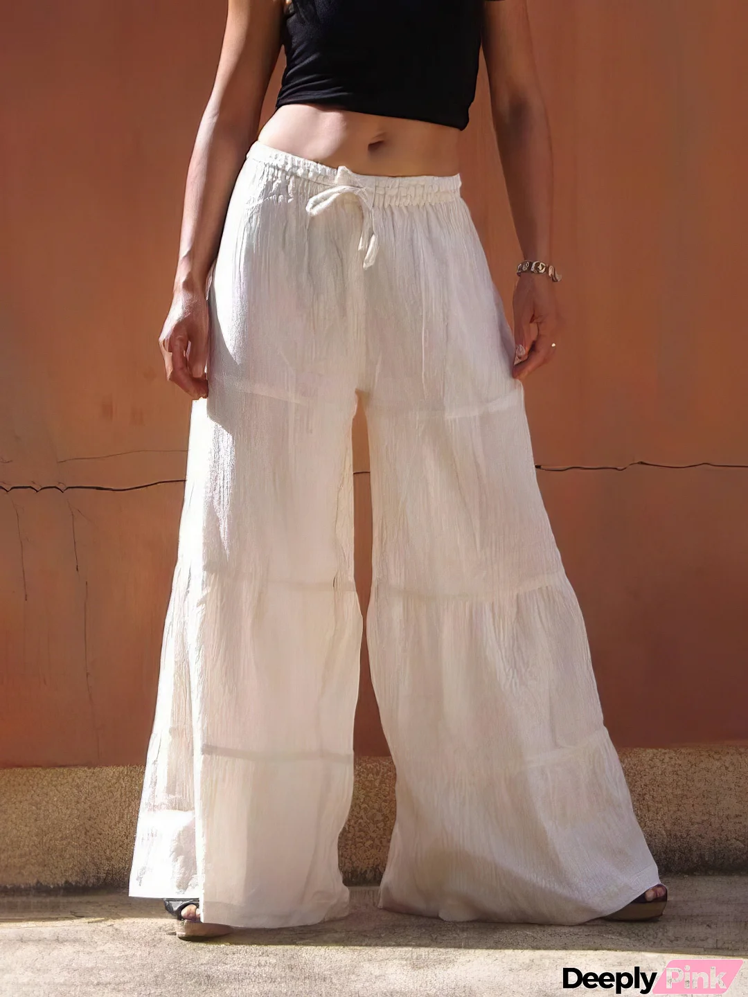 Loose Solid Elastic Waist Plus Size Wide Leg Pants
