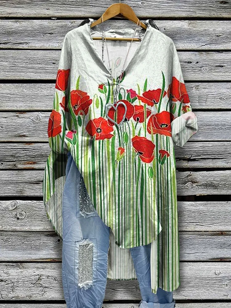 Women's Poppy Flower Art Print Casual Cotton And Linen Shirtdress