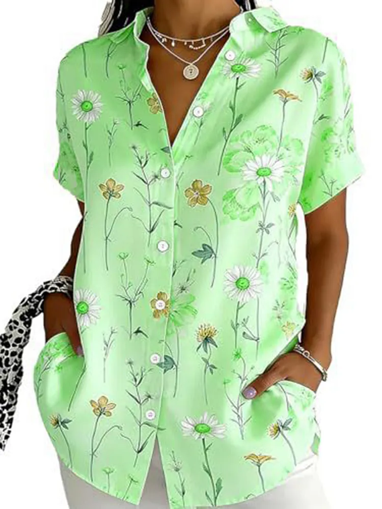 Buttoned Contrast Color Flower Print Loose Plus Size Lapel Blouses&Shirts Tops