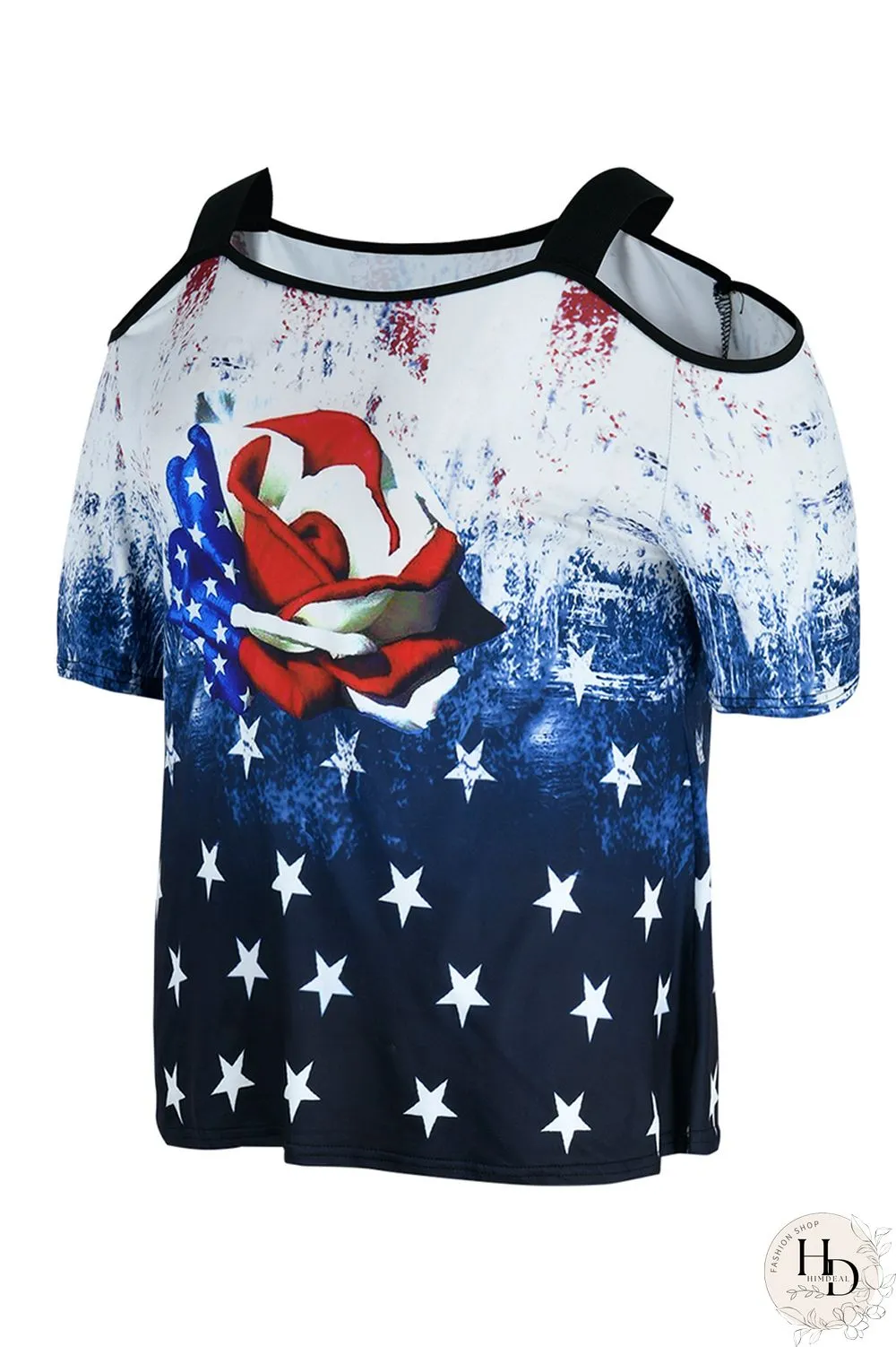 White Blue Red Fashion Casual Print Patchwork Off the Shoulder Plus Size Tops