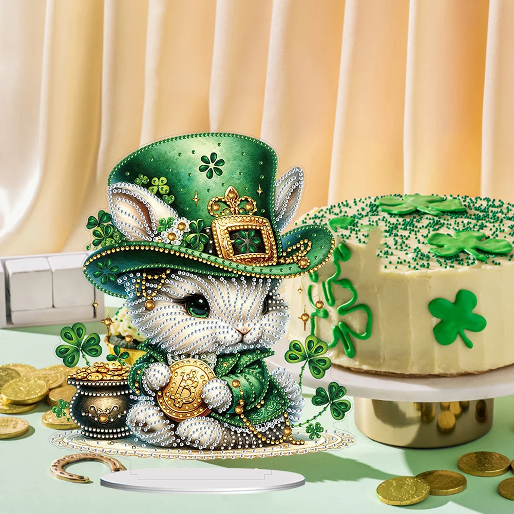 DIY Acrylic St. Patricks Day Rabbit Special Shape Diamond Painting Tabletop Ornament Creative Home Decor & Gift Idea for Adults - Relaxing Craft Activity